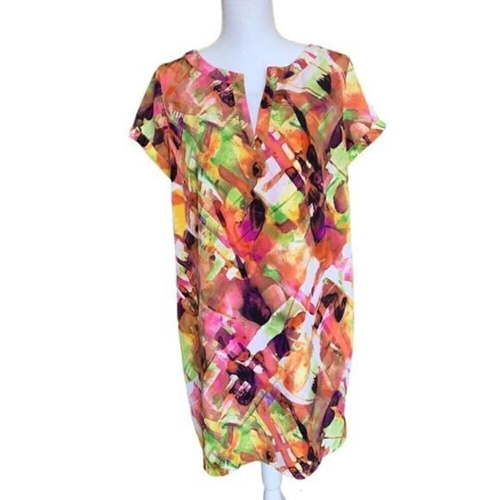Marc New York Andrew Marc Dress Size 12 Multicolor Short Sleeve V-Neck